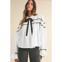 White Black Pipping Ribbon Bowtie Collared Ruffled Puff Sleeve Shirt - M thumbnail