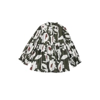 Four Leaf Clover Abstract Floral Print Puff Sleeve Half Button Blouse - L thumbnail