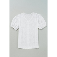 White Lace Puff Sleeve V Neck Button Up Shirt - M thumbnail