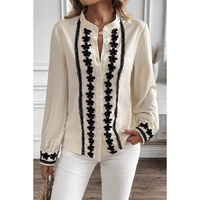 Beige Floral Embroidered Stand Neck Buttoned Shirt - S thumbnail