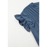 Real Teal Solid Color Ruffle Ruched Short Sleeve Buttoned Shirt - L thumbnail