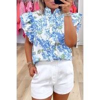 Sky Blue Floral Print Ruffle Sleeve Frilly Button Up Shirt - XL thumbnail