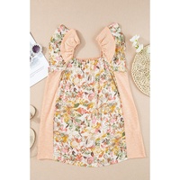 Apricot Pink Floral Patchwork Square Neck Ruffle Sleeve Blouse - M thumbnail