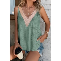 Mist Green Lace Crochet Splicing V Neck Loose Fit Tank Top - L thumbnail