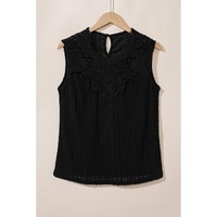Black Guipure Lace Crochet Keyhole Back Tank Top - M thumbnail