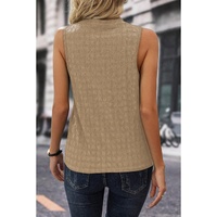 Light French Beige Lattice Textured Split Neck Tank Top - L thumbnail