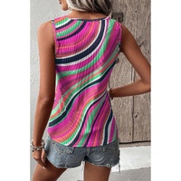 Purple Wavy Striped Buttoned V Neck Tank Top - L thumbnail