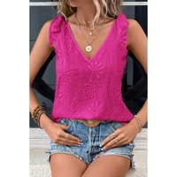 Rose Red Embroidery Patterned Knotted Straps V Neck Tank Top - L thumbnail
