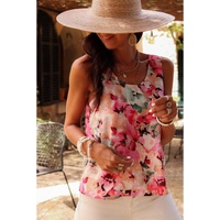 Pink Floral Round Neck Twisted Cut Out Back Tank Top - L thumbnail