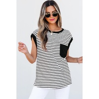 Black Stripe Chest Pocket Patch Round Neck Tank Top - L thumbnail