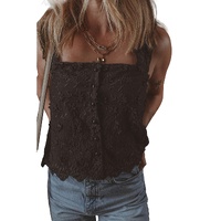 Black Floral Embroidered Buttoned Square Neck Tank Top - XL thumbnail