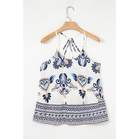 Blue Bohemian Fashion Print Spaghetti Straps Loose Tank - L thumbnail