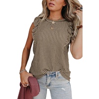 Khaki Striped Crew Neck Ruffled Tank Top - 2XL thumbnail