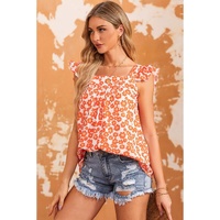 Azura Exchange Orange Floral Print Square Neck Ruffle Tank Top - L thumbnail