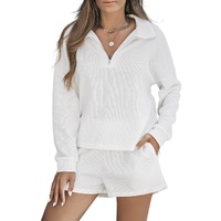 White Ribbed Zipper Sweatshirt and High Waist Shorts Set - L thumbnail
