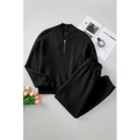 Black Plain Half Zip V Neck Ribbed Edge Loose Tracksuit - XL thumbnail