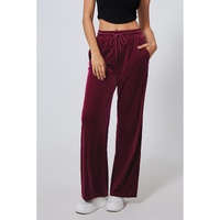 Burgundy Solid Drawstring Waist Wide Leg Pants - L thumbnail