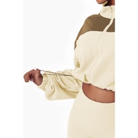 Beige Color Block Drawstring Cropped Athleisure Jacket - M thumbnail