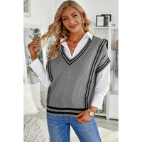 Azura Exchange Gray V Neck Contrast Stripes Trims Short Sleeve Sweater - XL thumbnail