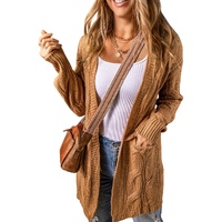 Azura Exchange Khaki Ribbed Trim Eyelet Cable Knit Cardigan - M thumbnail