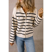 Black Stripe Flap Pocket Buttoned Cardigan Sweater - M thumbnail