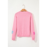 Pink Cute Knitted Floral Pattern Button Up Cardigan - M thumbnail
