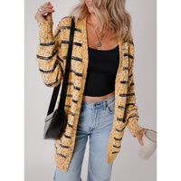 Beige Striped Pom Pom Knit Open Front Long Cardigan - L thumbnail