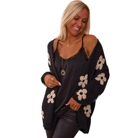 Black Floral Print Knitted Open Front Loose Cardigan - M thumbnail
