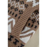 Brown Western Printed Ribbed Trim Collared Zip up Cardigan - L thumbnail