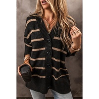 Black Stripe Buttoned V Neck Drop Shoulder Loose Cardigan - 2XL thumbnail