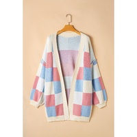 Light Blue Checkered Drop Shoulder Exposed Seam Open Front Cardigan - S thumbnail
