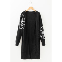 Black Flower Embroidered Drop Shoulder Open Front Duster Cardigan - 3XL thumbnail