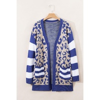 Dark Blue Stripe Sleeve Leopard Print Open Front Cardigan With Pockets - S thumbnail