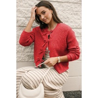 Fiery Red Ribbed Knit Bow Front Buttoned Cardigan - XL thumbnail