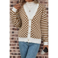 Brown Checkered Striped Patched Buttoned V Neck Cardigan - L thumbnail