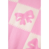 Pink Bowknot Checkered Pattern V Neck Drop Shoulder Button Up Cardigan - L thumbnail
