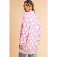 Pink Rhombus Pattern Knit Open Front Pocketed Cardigans - L thumbnail