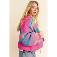 Rose Stripe Colorful Puff Sleeve Drop Shoulder Loose Cardigan - M thumbnail