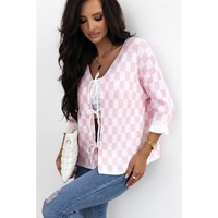 Light Pink Checkered Knitted Lace-up Ruffled 3/4 Sleeve Cardigan - XL thumbnail