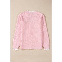 Pink Ribbed Knit Scalloped Edge Side Pockets Buttoned Cardigan - L thumbnail