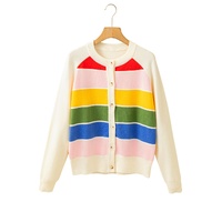 White Stripe Colorful Pattern Button Front Sweater Cardigan - L thumbnail