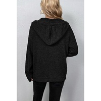 Black Drawstring Hooded Button Up Drop Shoulder Sweater Cardigan - S thumbnail