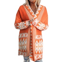 Orange Printed Aztec Print Open Front Knitted Cardigan - L thumbnail