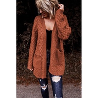 Brown Open Front Woven Texture Knitted Cardigan with Pockets - L thumbnail