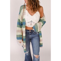 Green Striped Color Block Hollowed Knit Cardigan - M thumbnail