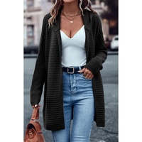 Black Horizontal Rib Knitted Open Front Hooded Cardigan - XL thumbnail