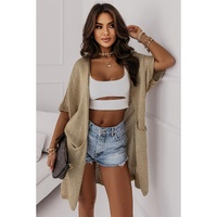 Khaki Dolman Half Sleeve Pocketed Long Cardigan - S thumbnail