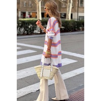 Azura Exchange Beige Striped Long Sleeve Ribbed Trim Button Cardigan - L thumbnail