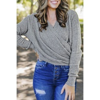 Gray Black/Pink/Gray/Khaki/Apricot  Wrap V Neck Waffle Sweater - 2XL thumbnail