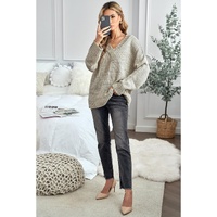 Khaki V neck Drop Shoulder Knitted Sweater - S thumbnail